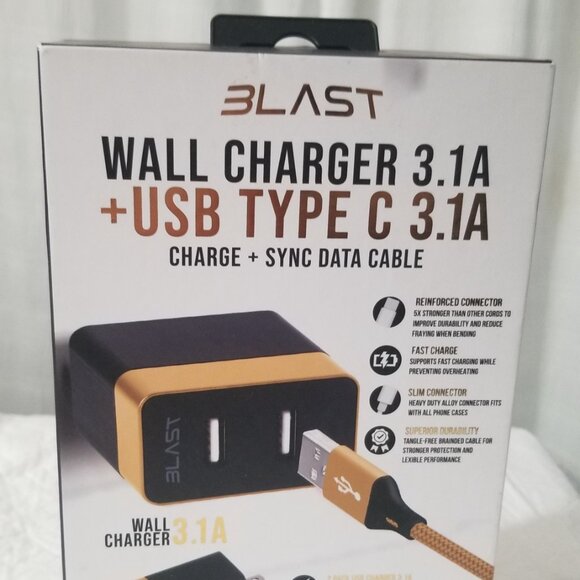 Blast Wall Charger 3.1A + USB Type C Charge + Sync Data Cable Brand New 6 FT - Picture 15 of 15